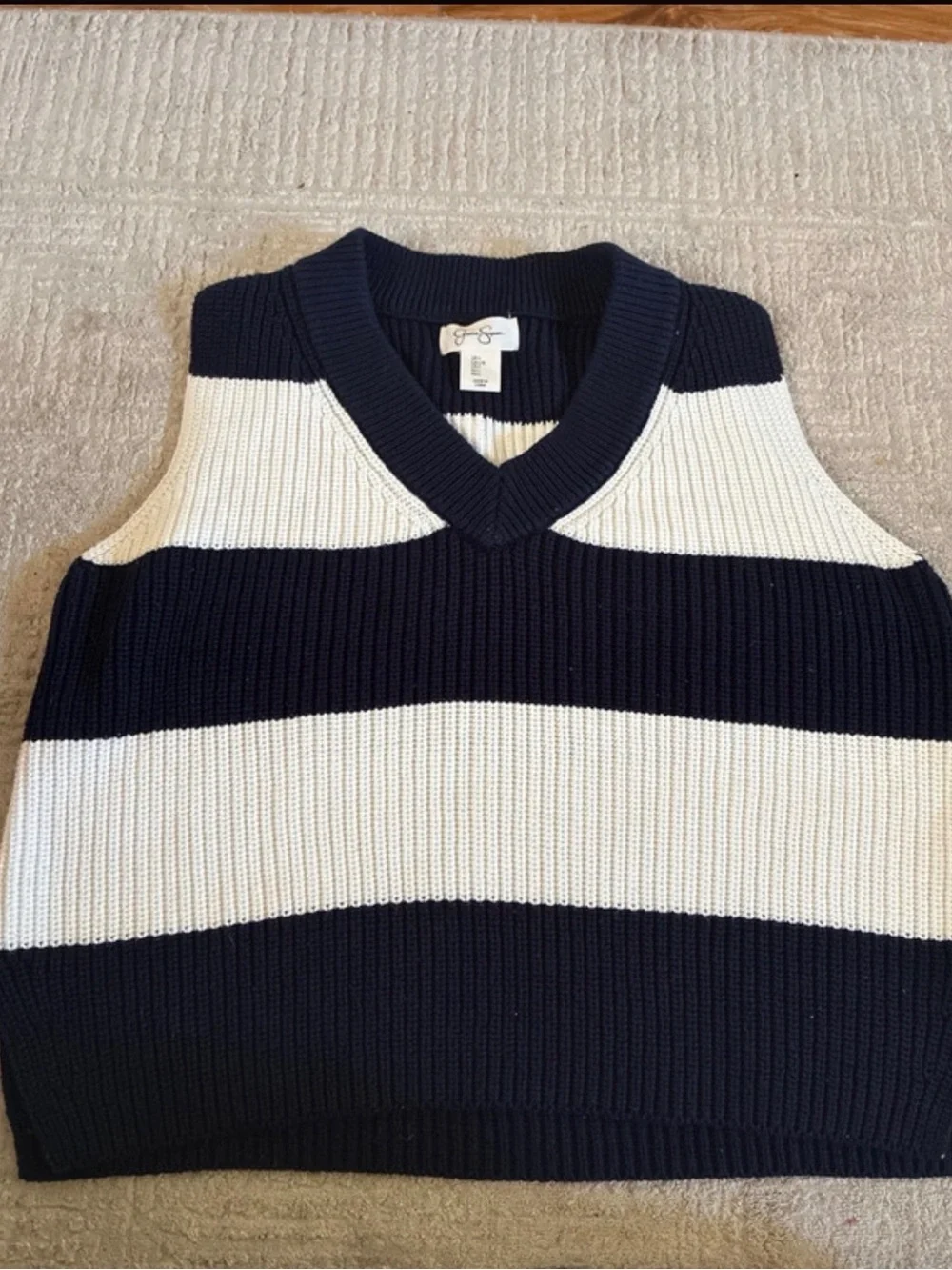 Jessica Simpson Navy & White is Striped V-Neck Knit Vest Shirt